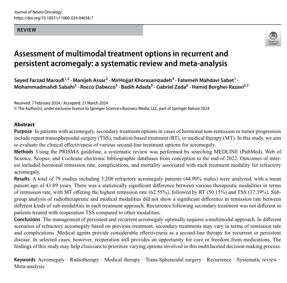 BorgheiRazaviMD's tweet photo. Our study on recurrent & persistent #acromegaly is now live in @JNeurooncol! Our findings underscore the effectiveness of medical therapy. In selected cases reoperation still provides an opportunity. Check out the details: https://t.co/WwuQAkcKHG (https://t.co/WwuQAkcKHG)
Special thanks to @DoctorZada and 
Kudos to the team & other collaborators!  @FarzadMaroufii @m_m_sbh @MirMD_Nsurg @ManijehAssar @DrBadihAdada