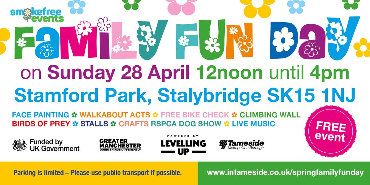 Tameside Council (@tamesidecouncil) on Twitter photo Come along to our Spring Family Fun Day!🌸🍃
We've got face painting, walkabout acts, climbing walls, live music, a RSPCA dog show and much more!
📅Sunday 28 April
⏰12pm - 4pm
📍Stamford Park, Stalybridge, SK15 1NJ
For more information visit 👇
intameside.co.uk/whats-on/sprin… Come along to our Spring Family Fun Day!🌸🍃
We've got face painting, walkabout acts, climbing walls, live music, a RSPCA dog show and much more!
📅Sunday 28 April
⏰12pm - 4pm
📍Stamford Park, Stalybridge, SK15 1NJ
For more information visit 👇
intameside.co.uk/whats-on/sprin…