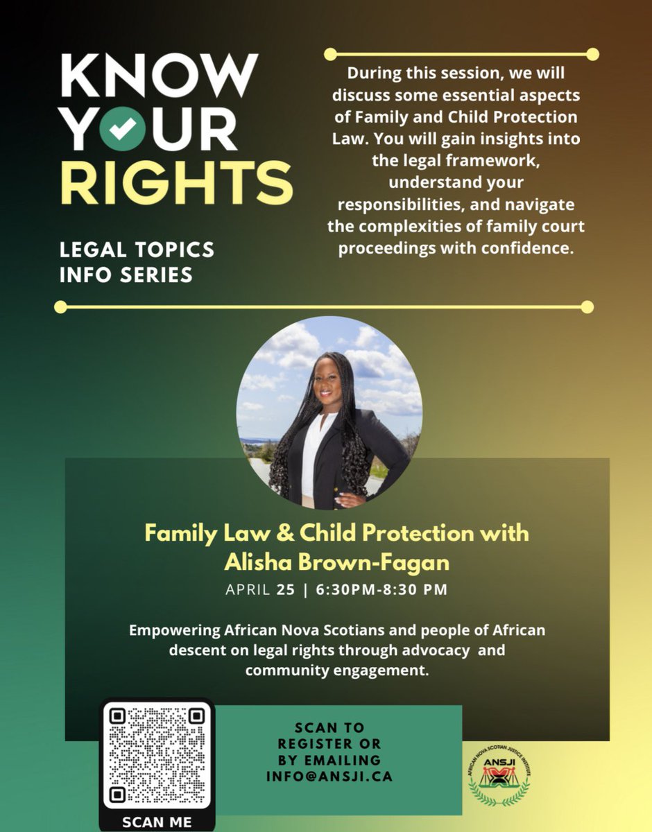 As part of our “Know Your Rights” program, we have a great session coming up! 

This is a free virtual session, open to the community to learn from Alisha Brown-Fagan, a Lawyer and Manager of Legal Programs with Nova Scotia Legal Aid. 

We encourage you to share, and attend!