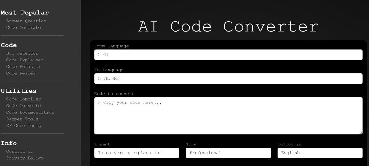 zzzprojects's tweet image. ⚡️Explore the future of coding with our AI tools! Convert code effortlessly and do much more at ZZZCode.ai. Whether you're a pro or just starting out, experience seamless transformations now!
#AI #Coding #CodeConverter
zzzcode.ai/code-converter