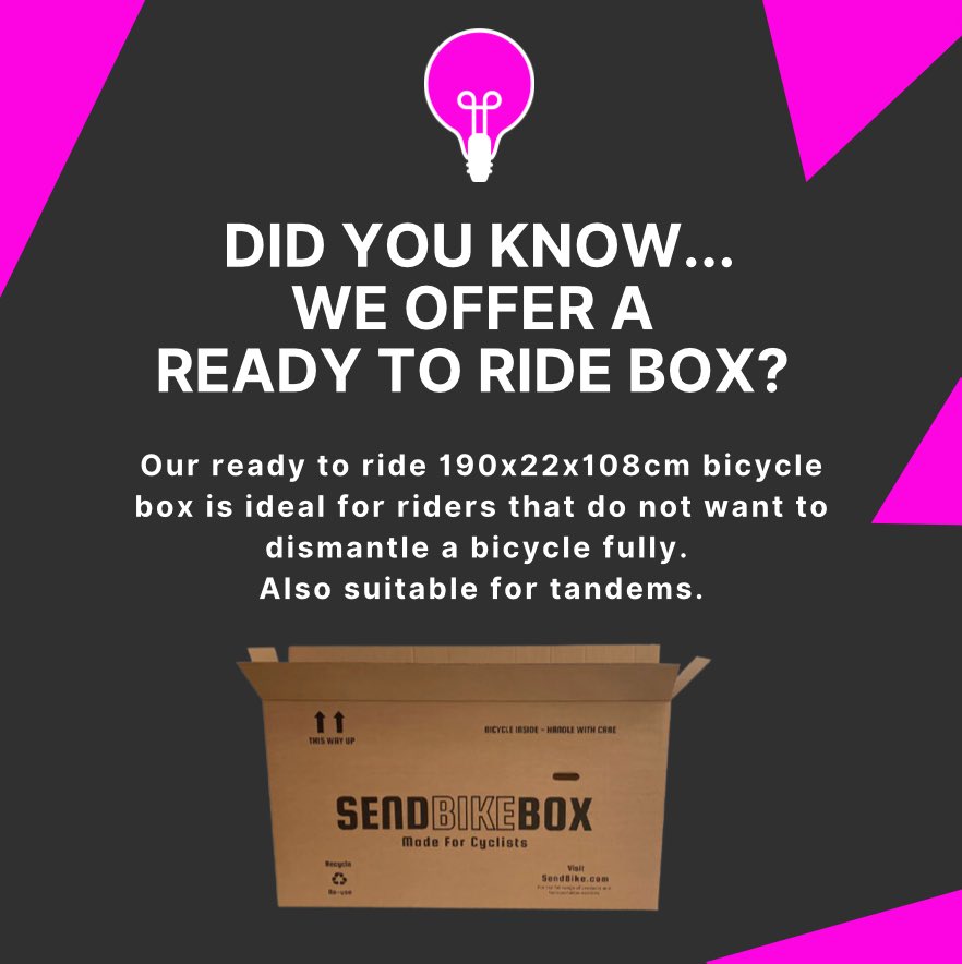 Introducing our ready-to-ride bicycle box! 🚲 📦 

At 190x22x108cm, it's the perfect solution for cyclists who want to ship their bike without the hassle. 

(You only need to make sure the handlebars are parallel with the frame and pedals removed!)🚴‍♂️

sendbike.com