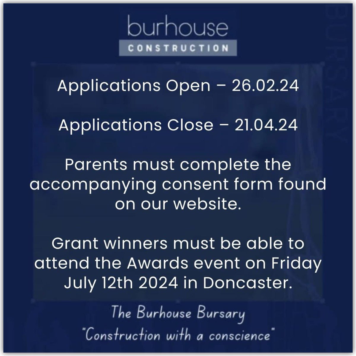 11 DAYS LEFT TO APPLY FOR THR BURSARY…

Just 11 days left to apply for the Burhouse Bursary, we have attached all info on who the bursary is aimed at, and how to apply😊

#bursary #burhousebursary #burhouseconstruction #constructionwithaconscience 
#doncasterisgreat #yorkshire