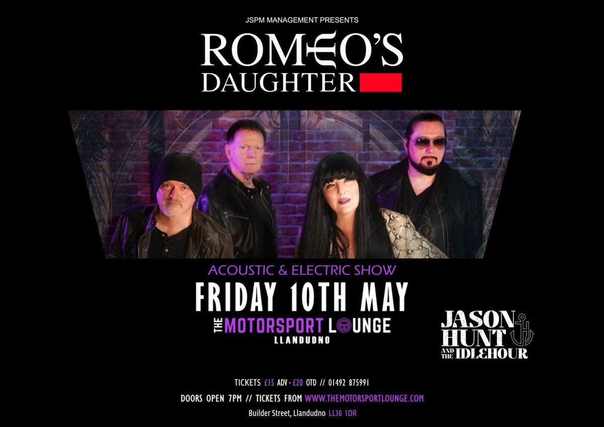 ⚠️ONE MONTH TO GO!⚠️ Friday 10th May 2024: Don't miss @romeosdaughter live @themotorsportl in Llandudno, Wales! For An Intimate Acoustic Night with Romeo's Daughter + support from Jason Hunt & The Idle Hour! TICKETS: eventbrite.co.uk/e/romeos-daugh… #RomeosDaughter #Wales #Llandudno