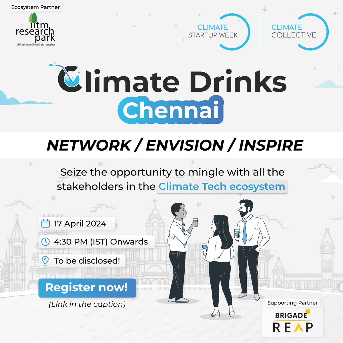 Delighted to associate with @CCollectiveNet as ecosystem partner in presenting Climate Drinks Chennai! Encouraging #startups & pioneers to leverage this exciting opportunity mingle with key stakeholders in the #climatetech space! Register Now - climatecollective.typeform.com/to/zBWQKrWC