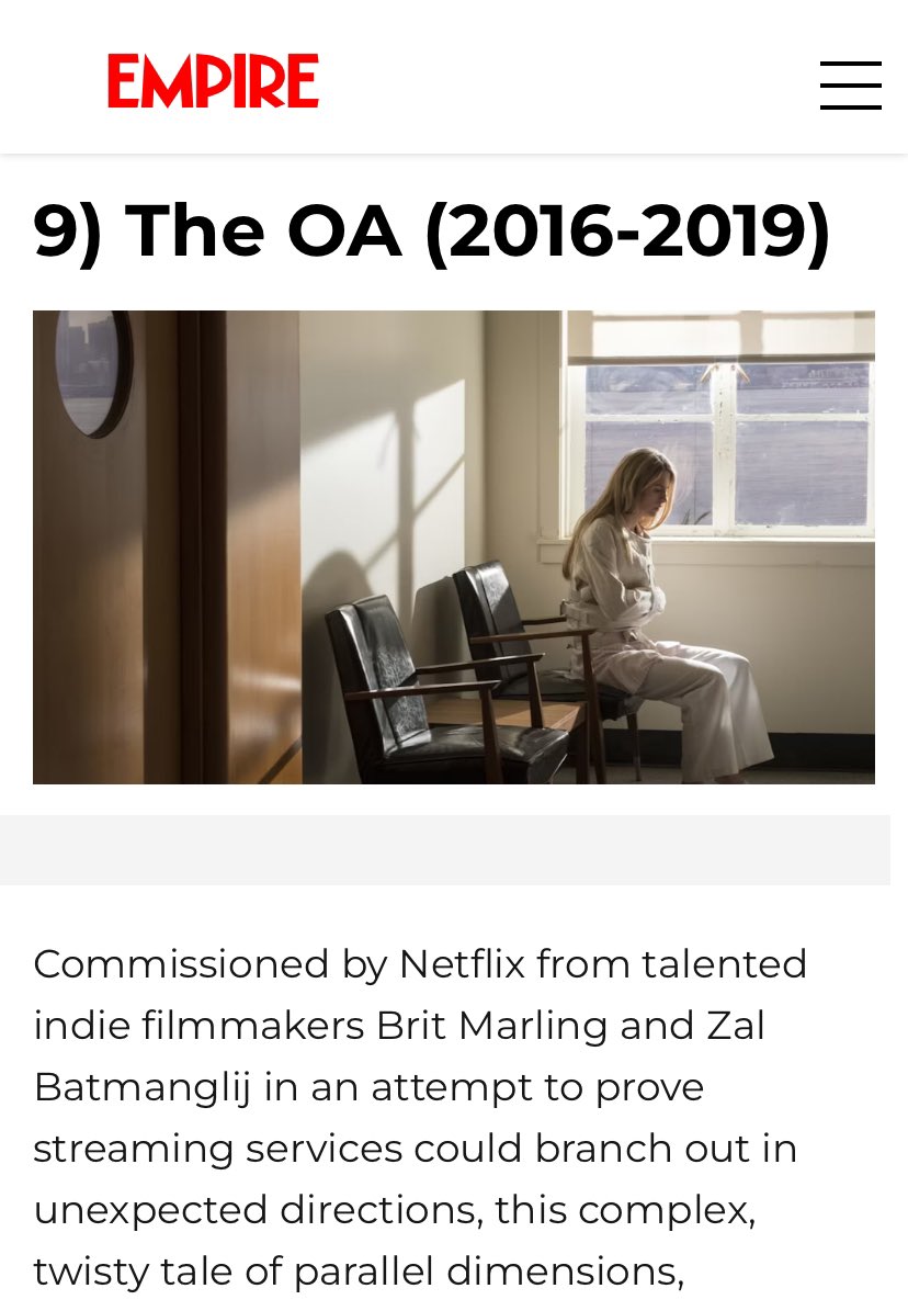 The OA at #9 feels correct - best shows of ALL time…@Netflix look at the material #SaveTheOA #TheOA