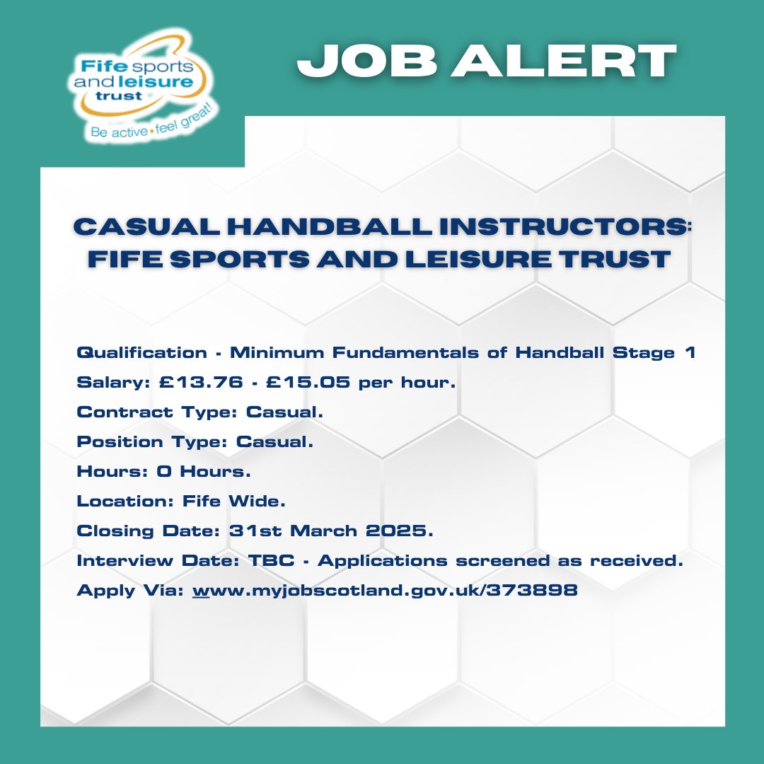 🚨JOB ALERT🚨 Fife Sports and Leisure Trust are introducing handball to their Junior activity offerings. In order to make it happen, they are seeking a casual handball instructor. You can find the job offer here: myjobscotland.gov.uk/373898