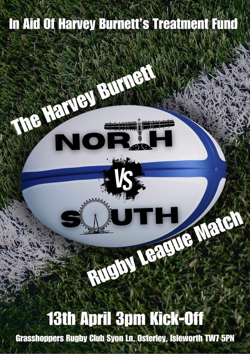 <a href="/OultonRaidettes/">OultonRaidettes</a> <a href="/StanningleyLadi/">Stanningley Ladies</a> <a href="/leighminersrl/">Leigh Miners Rangers RL</a> <a href="/IllyGirlsRugby/">Illingworth Girls RL</a> <a href="/WidnesRL/">Widnes Vikings</a> <a href="/hullfcofficial/">Hull FC</a> <a href="/ThattoHeath_LRL/">Thatto Heath Ladies</a> <a href="/WTLRL/">Wakefield Trinity Ladies RL</a> <a href="/WheelchairRL/">Wheelchair RL</a> <a href="/hrpjones/">Harry Mitchell-Jones</a> 📅 Saturday 13th April
🏆 Harvey Burnett Charity Match
⏰ 3pm
👕 North 🆚️ South
🏟 Grasshoppers Rugby Club, TW7 5PN

#ILoveRugbyLeagueMe
#Mols2
#thumbsupforfreddie
#RememberRycroft