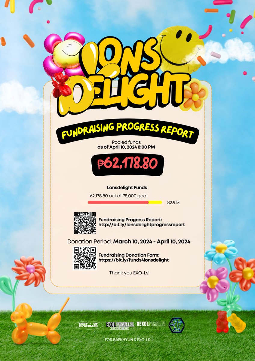 EXOParallelPH's tweet photo. EXO-Ls, here's a #LonsDELIGHT Donation Drive update:

As of 8PM, we've raised PHP62K. We're short of Php12.8K. We won't be able to provide a ball pit in the Fan Zone. 🥺😢

Donation ends 11:59PM
https://t.co/20uuxSwV5O

Thank you, EXO-Ls!🥬🍭

#LonsdaleiteinManila
#백현 #BAEKHYUN https://t.co/oxtLtrnCEf