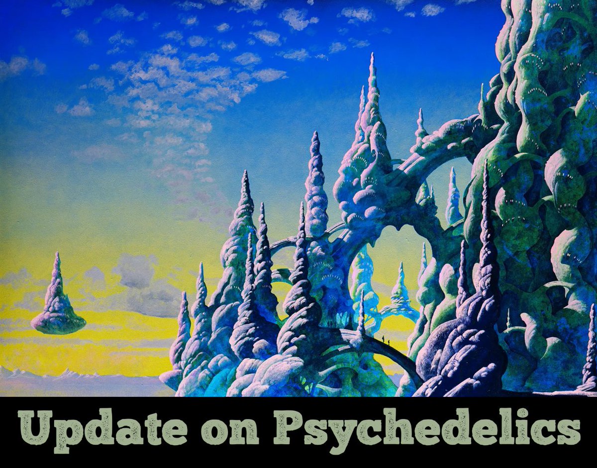 Updates on #psychedelics: 1. Impressive preliminary results: #psilocybin in #Alcohol UD; #DMT in #Depression 2. Enduring benefits in some trials 3. Low drop out rates 4. High dose, chronic or recreational use = dangerous From new review: pubmed.ncbi.nlm.nih.gov/38518271 Art: Roger Dean