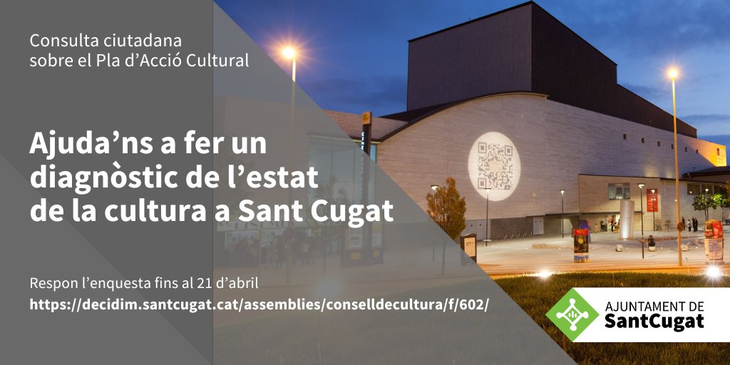 🟩L’Ajuntament #SantCugat, en col·laboració amb la @diba, està elaborant un Pla d’Acció Cultural (PAC), que definirà les línies d’actuació en matèria de cultura per als propers anys. Vols participar-hi?👇decidim.santcugat.cat/assemblies/con… @culturastc @josepmvalles @fraduchaltet