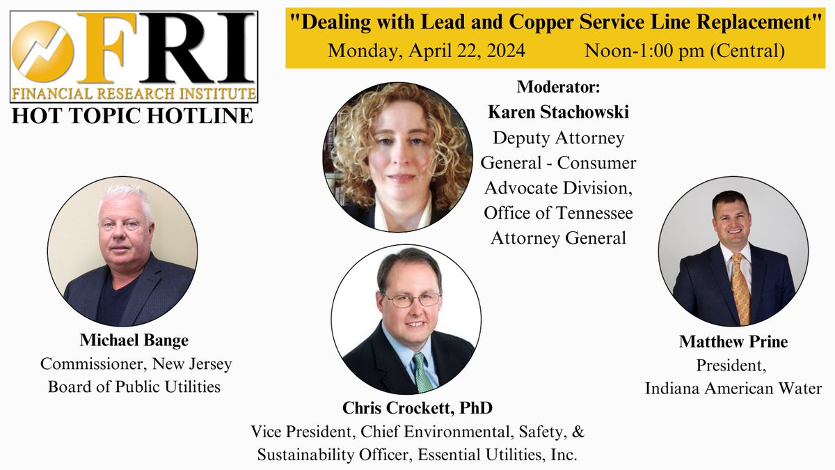 "Dealing with Lead and Copper Service Line Replacement" is the topic for the our next Hot Topic Hotline webinar.

Join us Monday, April 22, from 12:00-1:00pm Central to address the challenges and to hear about programs taking place around the country. fri.missouri.edu/fri-programs/h…