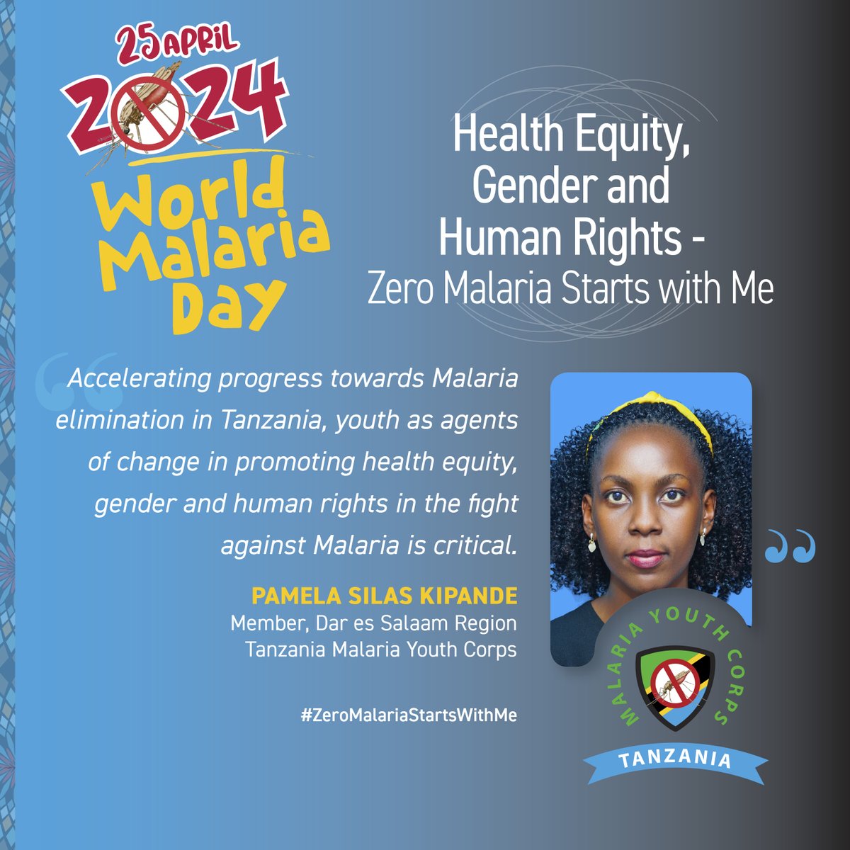 Countdown to #WorldMalariaDay 2024 🚫🦟 This year's theme: Health Equity ,Gender and Human Rights - Zero Malaria Starts With Me @malariacorpstz will join the national commemorations under @wizara_afyatz in #Tabora #Tanzania #KataaMalaria