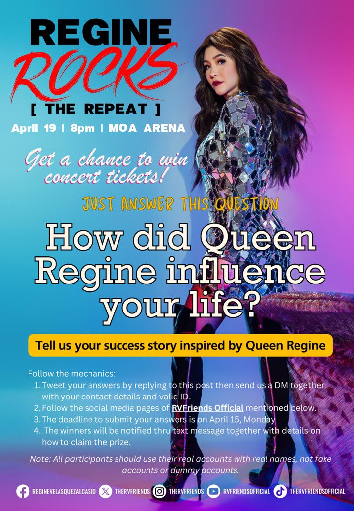 RVFriends, get a chance to win REGINE ROCKS The Repeat concert tickets! Join our contest by answering the question below. Good luck and see you at the concert! 🤘🏻 #RegineRocksTheRepeat @reginevalcasid