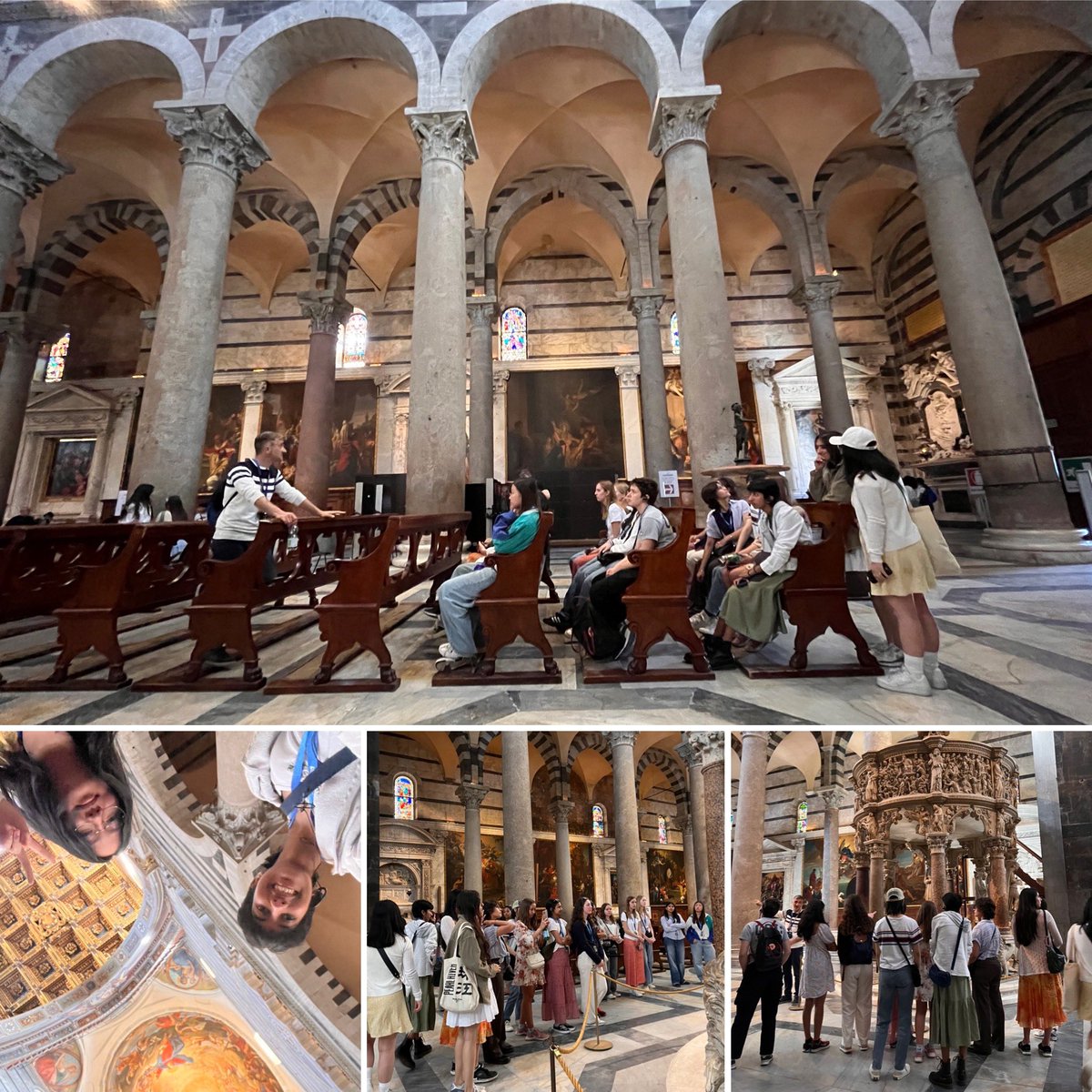The Duomo Pisa: where Galileo watched the swing of a bronze chandelier created by Battista Lorenzi. Through this he discovered the oscillatory isochronism of simple pendulums. 500 years later LEH students arrive to check his maths! 🧮⛪️⏳#lehschool