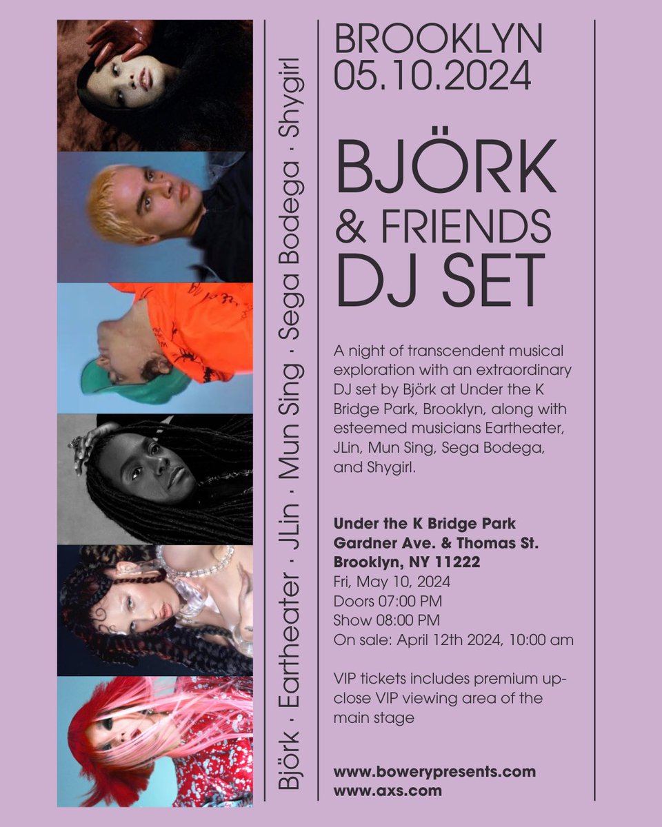 Tickets for Björk's special DJ set in Brooklyn are now on sale at bowerypresents.com/shows/detail/5… The event features Björk collaborating with Eartheater, JLin, Mun Sing, Sega Bodega, and Shygirl. The show will take place on May 10th at Under the K Bridge Park, starting at 8pm EDT.