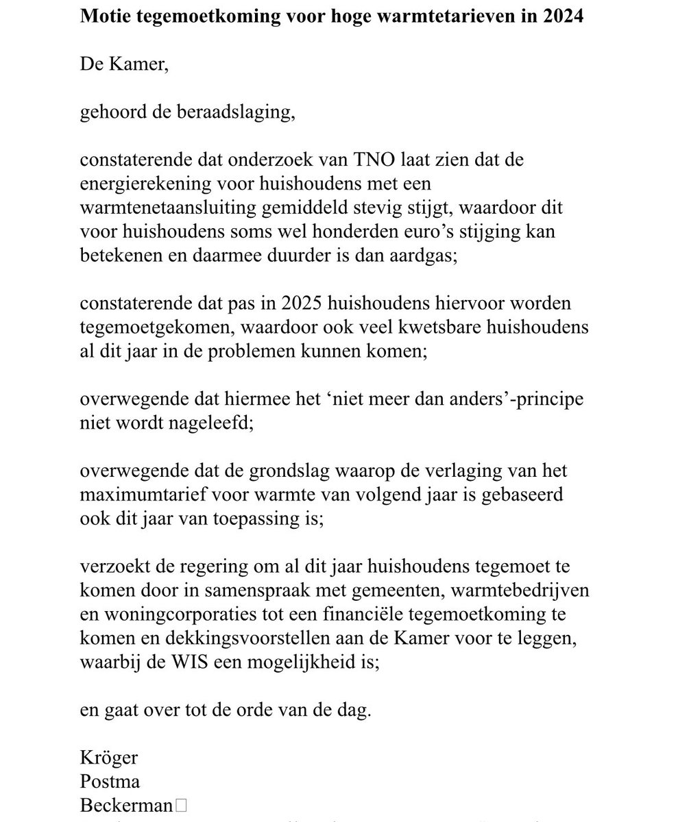 Mensen worstelen met te hoge warmterekeningen mede door falend beleid De rekening mag niet bij huishoudens komen te liggen. De minister is bang dat gemeenten achterover gaan leunen en wijst ons voorstel af Dit afschuiven naar gemeenten hebben mensen niets aan. Dinsdag stemming.