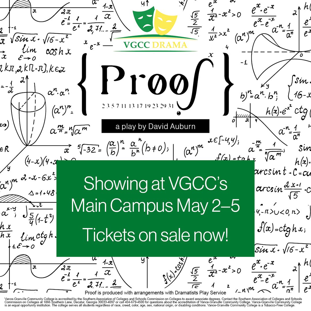 Tickets on sale ✨now✨ for VGCC Drama's 'Proof'! Come see our all-student cast/crew shine in this award-winning play, showing May 2–5 🎭🤩🧮 Get your tickets at eventbrite.com/e/proof-ticket… #educate #inspire #support #yourcommunityyourcollege #vgccmoments #theater