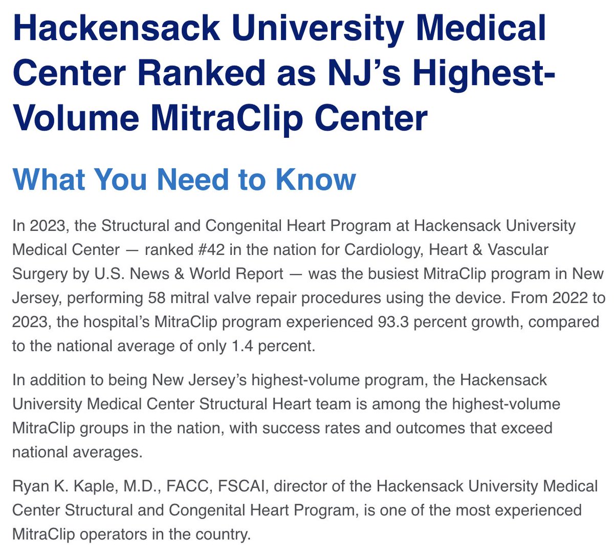With 93% growth in our #MitraClip volume '22 --> '23, HUMC is now the highest volume center in NJ. Thank you to our patients, HUMC cardiology and CT surgery, and @HMHNewJersey @AbbottNews @CraigBasman  @johnkforrest #goateers

hmhmaestro.org/en/topics/lead…