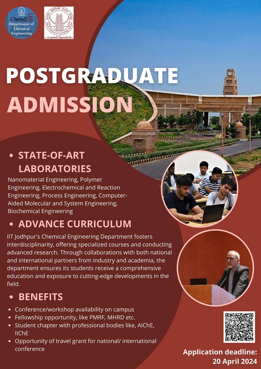 Department of Chemical Engineering, IIT Jodhpur is inviting highly motivated individuals for its MTech and MTech-PhD dual degree program.
Admission link: iitj.ac.in/academics/misc…
#chemicalengineering #iitjodhpur #MTech #mtechphd