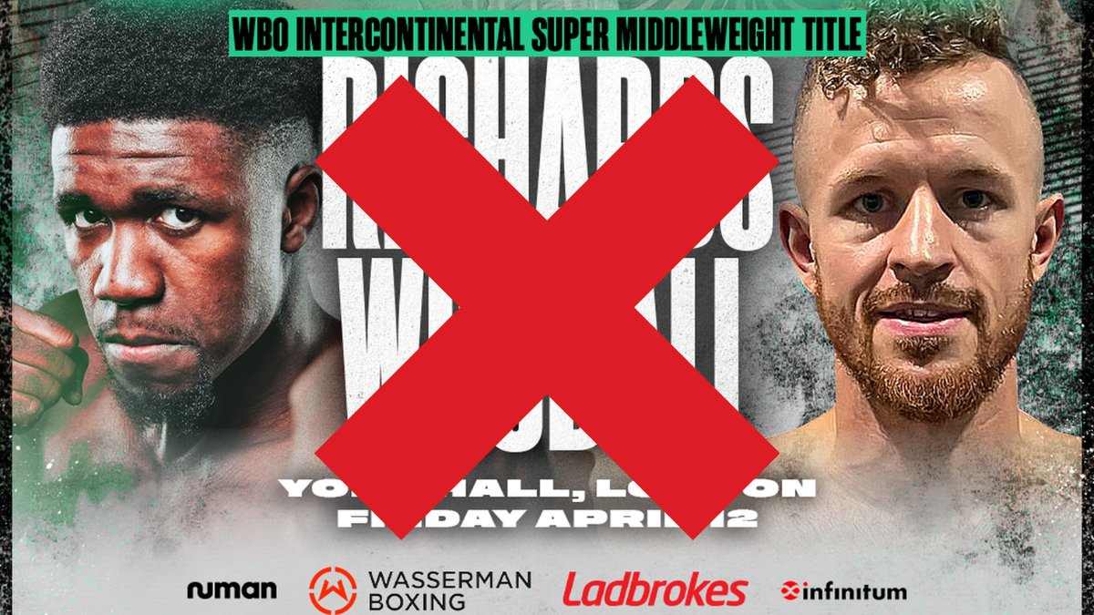 Richard vs Woodall OFF❌ Lerrone Richards will no longer be fighting at York Hall on Friday night after Woodall was forced out through injury‼️ #EdwardsOry | @WassermanBoxing