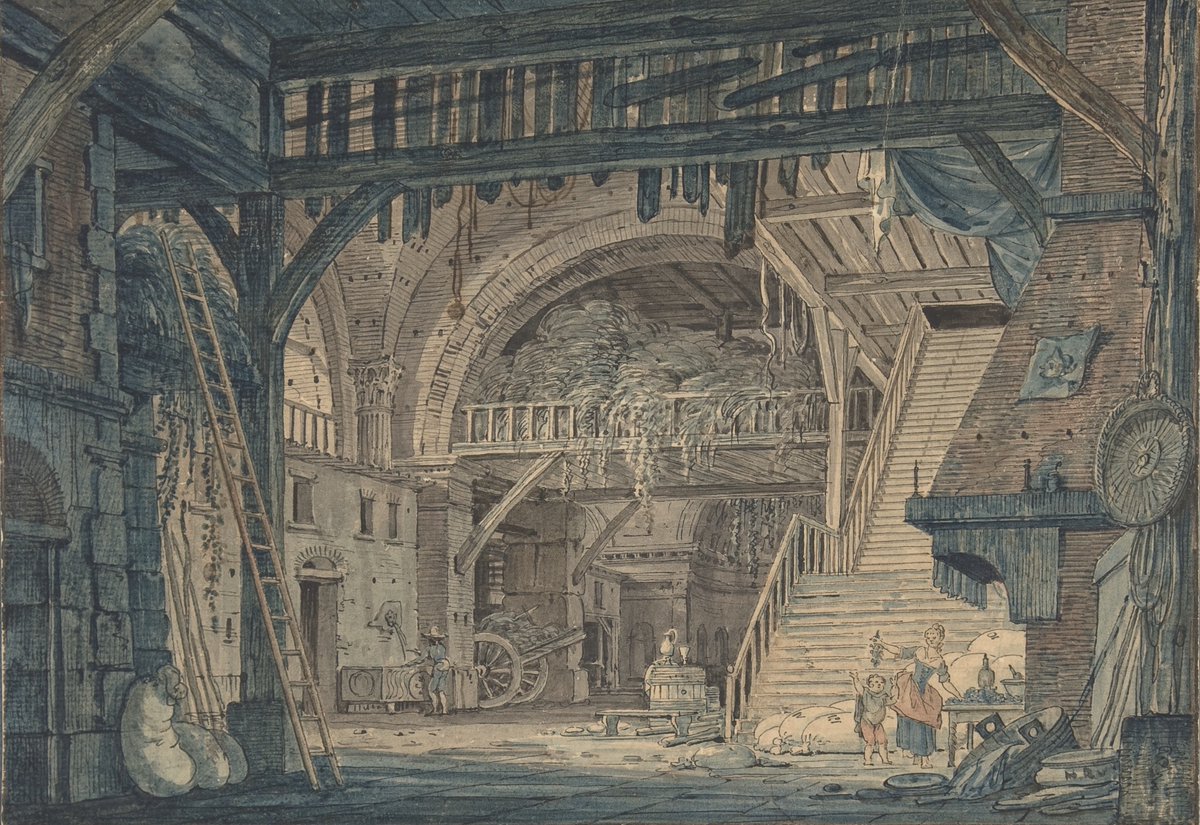 Stage Set Design of an Ancient Roman Ruin being Converted into a Barn by Johann Heinrich Ramberg (Hanover, 1763–1840) Pen and black ink, watercolour, and with touches of pen and brown ink (The Metropolitan Museum)