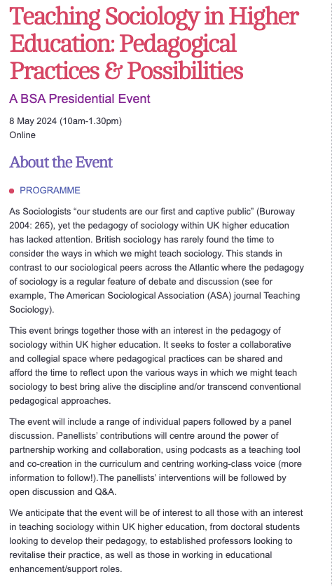 **Registration now open** Teaching Sociology in Higher Education: Pedagogical Practices & Possibilities A BSA Presidential Event 8 May 2024 (10am-1.30pm) Register here: britsoc.co.uk/events/key-bsa…