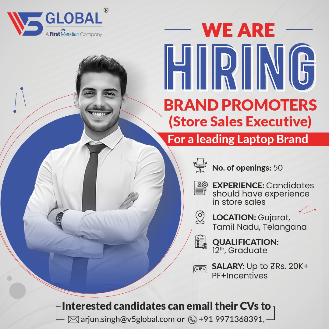 We are Hiring!
Brand Promoters (Store Sales Executives)
For a leading laptop brand.

Interested candidates can email their CVs to arjun.singh@v5global.com

#jobsintamilnadu #jobsinchennai #jobsinTelangana #Brandpromotersjobs  #jobfair #Promotersjob #salesexecutivesjobs #OneFM…