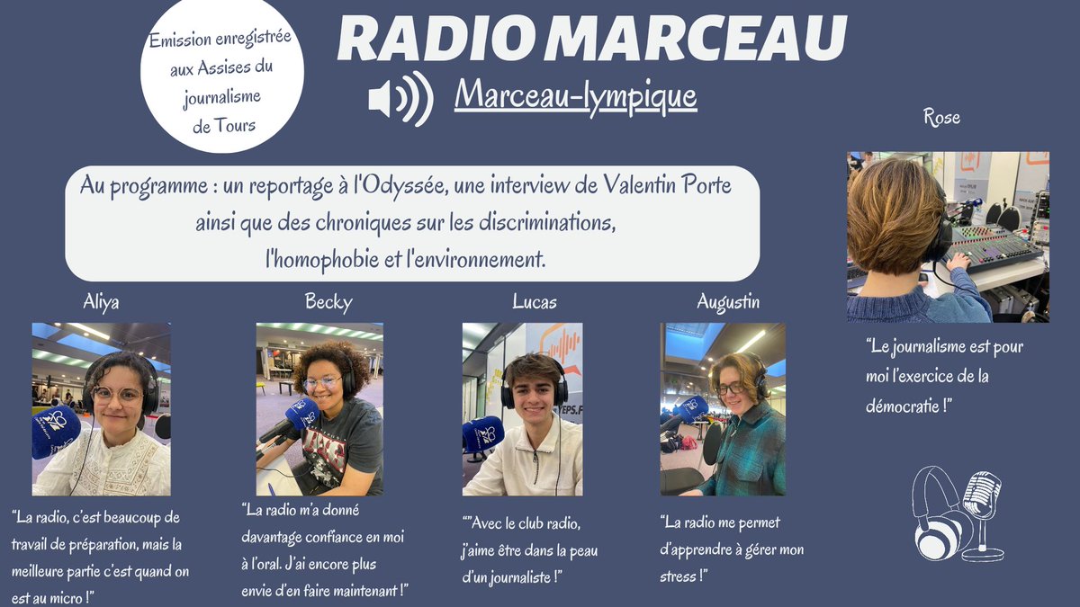 Les émissions enregistrées par les élèves de #RadioMarceau aux Assises du journalisme de Tours sont en ligne !

'Marceau-lympique', l'émission du Club Radio, sur les JO #Paris2024
…eau-chartres.tice.ac-orleans-tours.fr/eva/spip.php?a…

#webradio #AJTours2024
@RCValdeLoire @ac_orleanstours @LesAssises @Clemi_ot