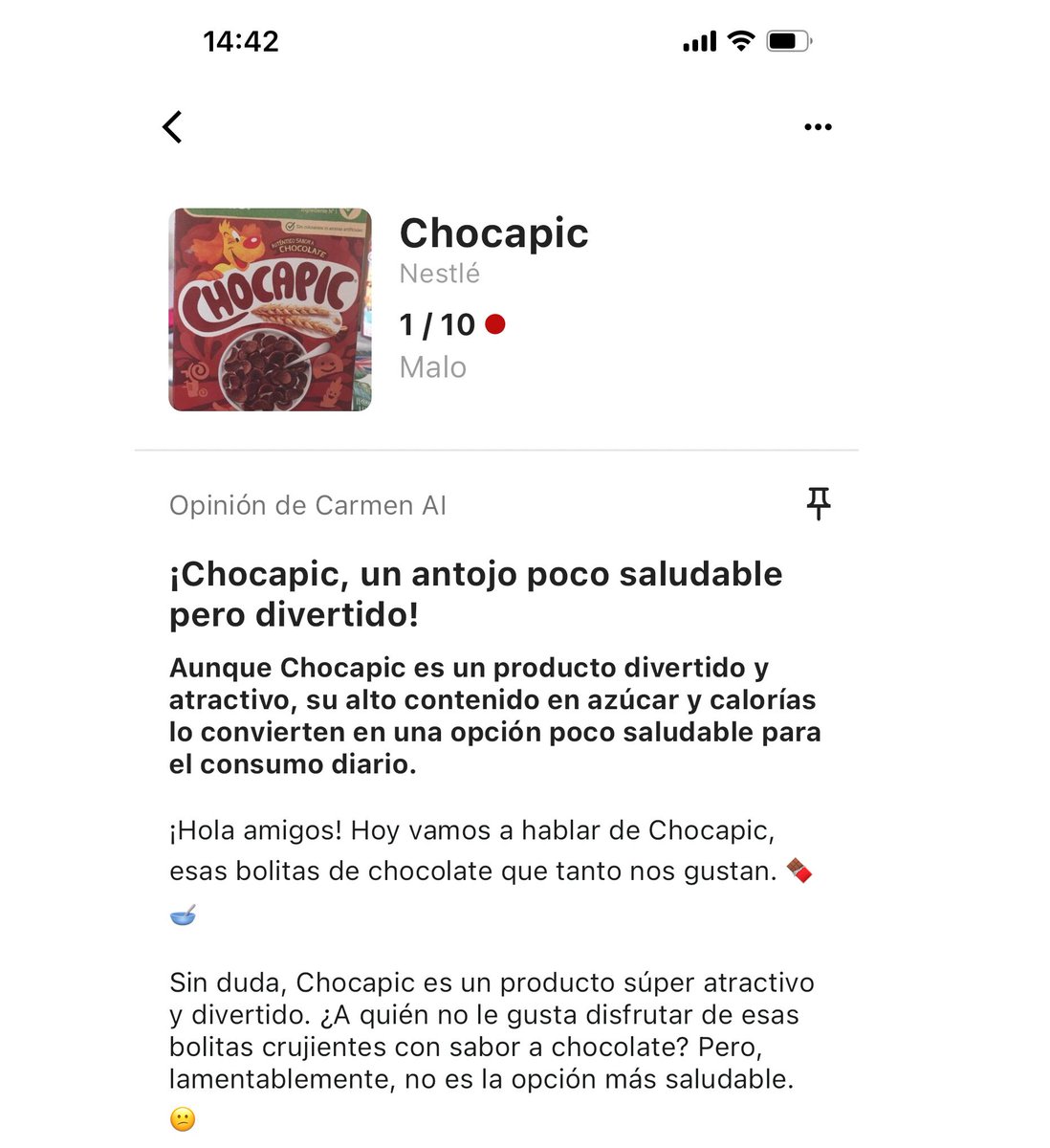 100g de Chocapic Nutriscore A contienen 22 g de azúcar, equivalente a 5,5 terrones. En la segunda foto una captura de la app @carmenai_app