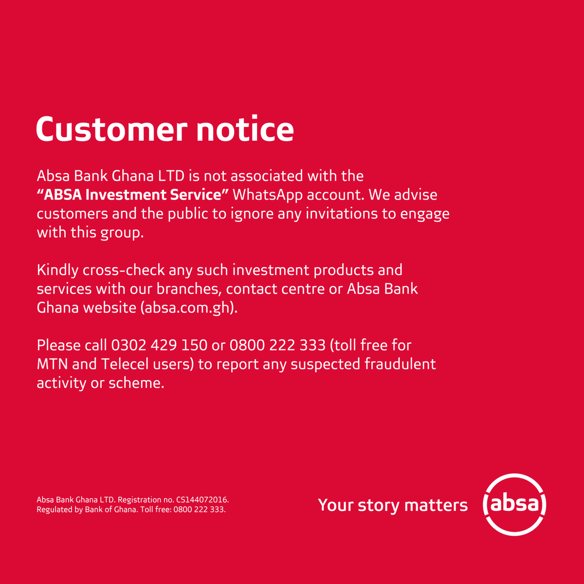 Attention valued Absa customers. For genuine Absa investment products, always refer to our official platforms. Please stay alert, stay safe, and protect yourself from fraud.  

#YourStoryMatters #AbsaGhana