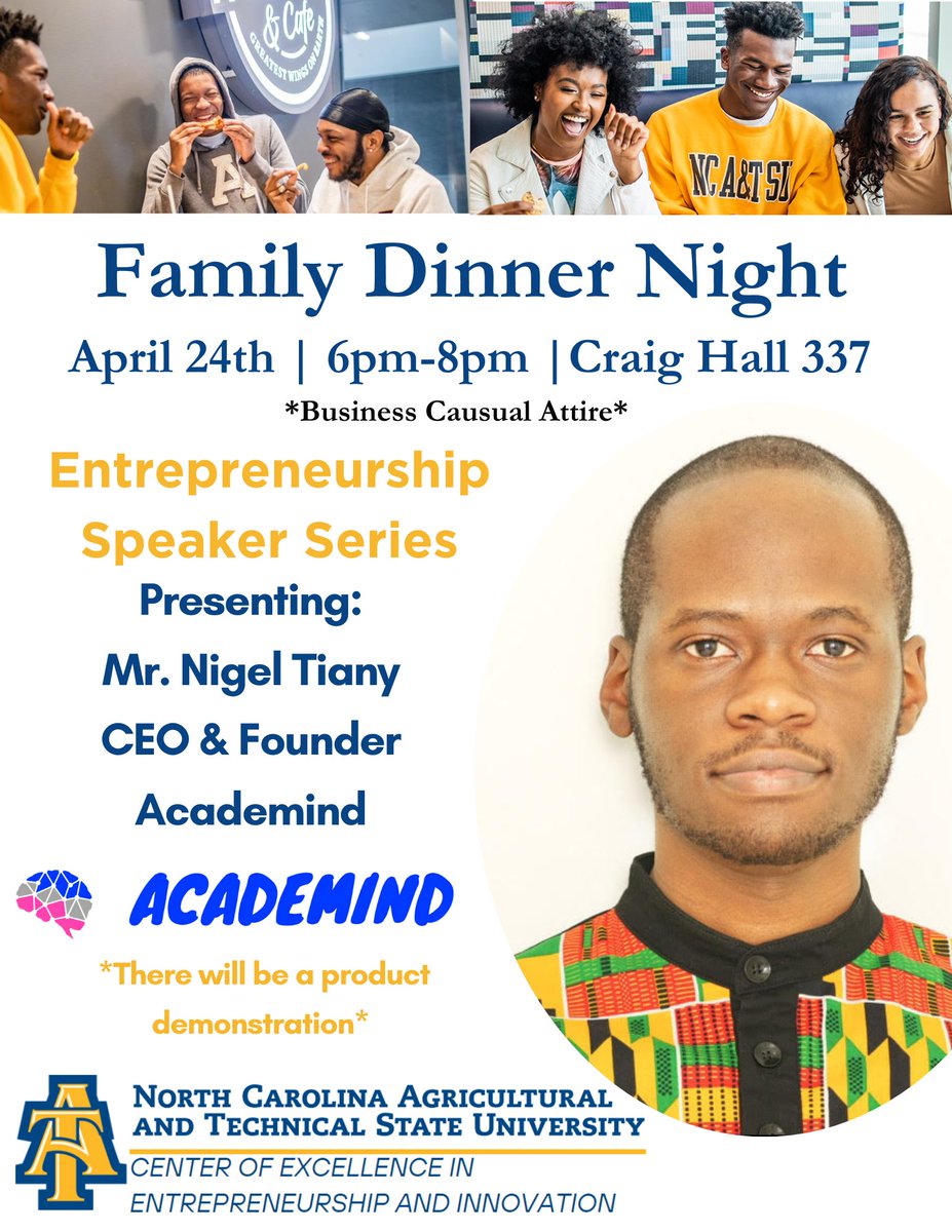 ncatceei's tweet photo. Happy Wednesday Aggies! Just a reminder to join us on April 24th for our last Family Dinner Night of the semester! #ncat #aggiepride https://t.co/lMYgocFPAB