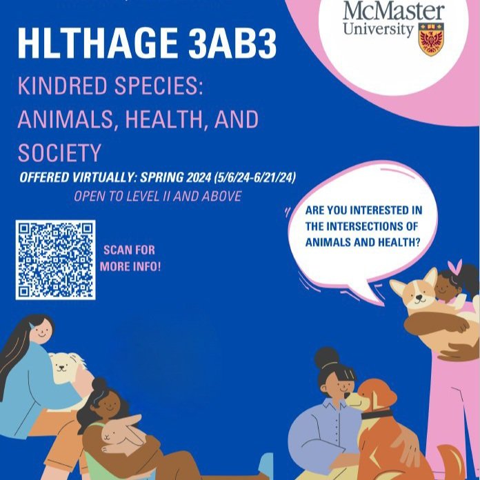 Are you interested in the intersections of animals & health? @McMasterHAS is offering HLTHAGE 3AB3 Kindred Species: Animals, Health & Society this Spring 2024 as a VIRTUAL course! Open to ugrad students in Level 2 or above. Visit socialsciences.mcmaster.ca/current-studen… #OneHealth #PublicHealth