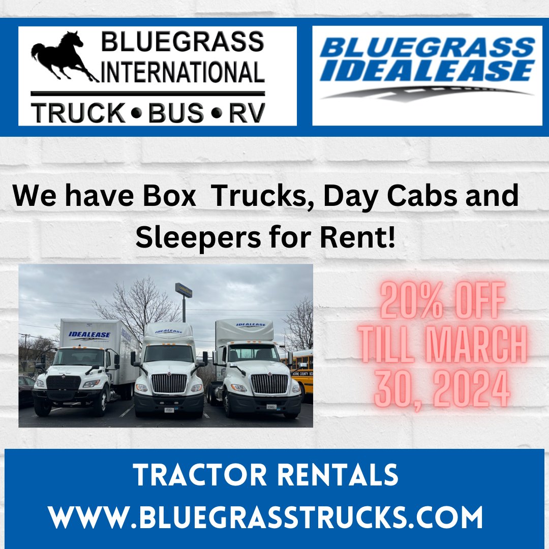 Hey Folks we have all 3 tractor styles in stock and ready to rent. Call Leann 502-570-5252 extension 170.
#idealease #bluegrasstrucks #itsuptime #commericaltrucks #bigrigs #sleepertrucks #boxtruck #daycab #cab&chassis #tractor #trucksdaily