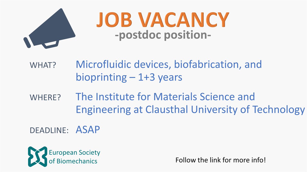 📢Postdoc position available at the Institute for Materials Science and Engineering at Clausthal University of Technology! 👉follow the link for more info: esbiomech.org/postdoc-positi…