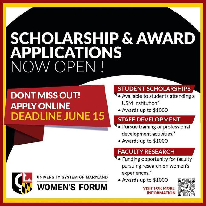 Don't miss out! ⏰ The @USMWomensForum celebrates the achievements of students, faculty, and staff from across the @Univ_System_MD through our award and scholarship programs! 📢 Applications are now open! The deadline is June 15th! 🔥 Apply here! ➡️ usmwomensforum.org/awards.html