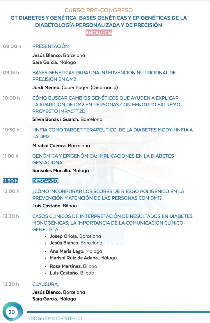 Esta mañana ha tenido lugar el curso pre-congreso de la #SEDiab24 'Bases genéticas y epigenéticas de la diabetología personalizada y de precisión', organizado por el grupo de trabajo de Diabetes y Genética de la Sociedad Española de Diabetes con un programa de lo más completo