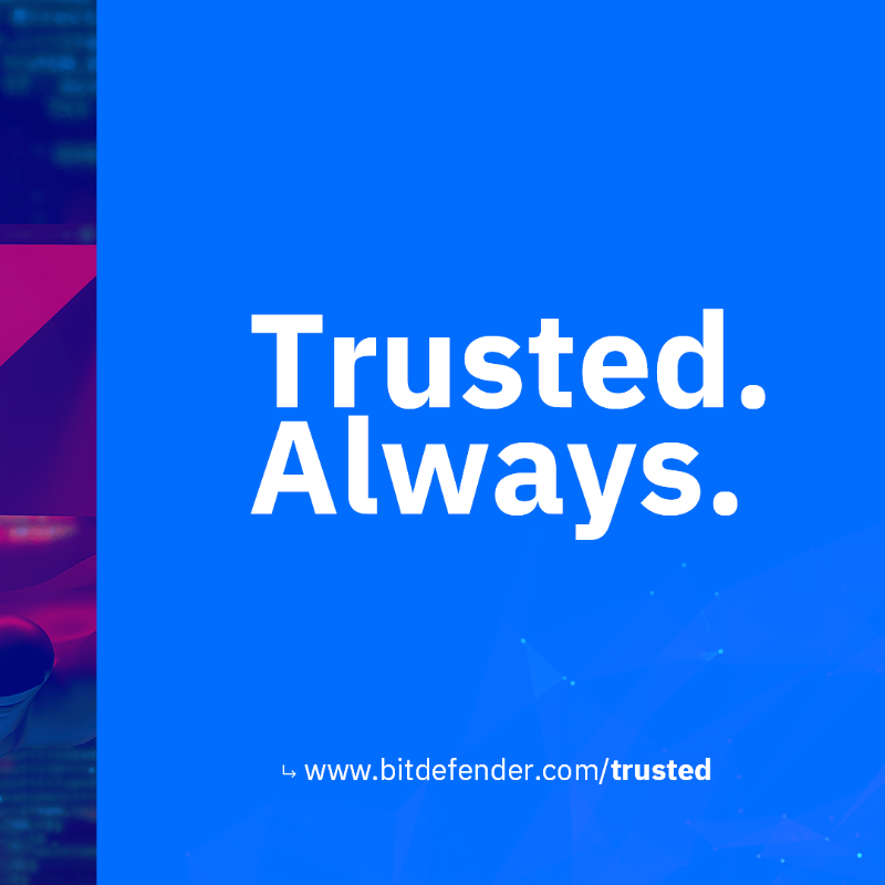 Bitdefender's tweet photo. You can count on Bitdefender when your data is at risk. Our FREE anti-ransomware tools are ready to help you. #TrustedAlways