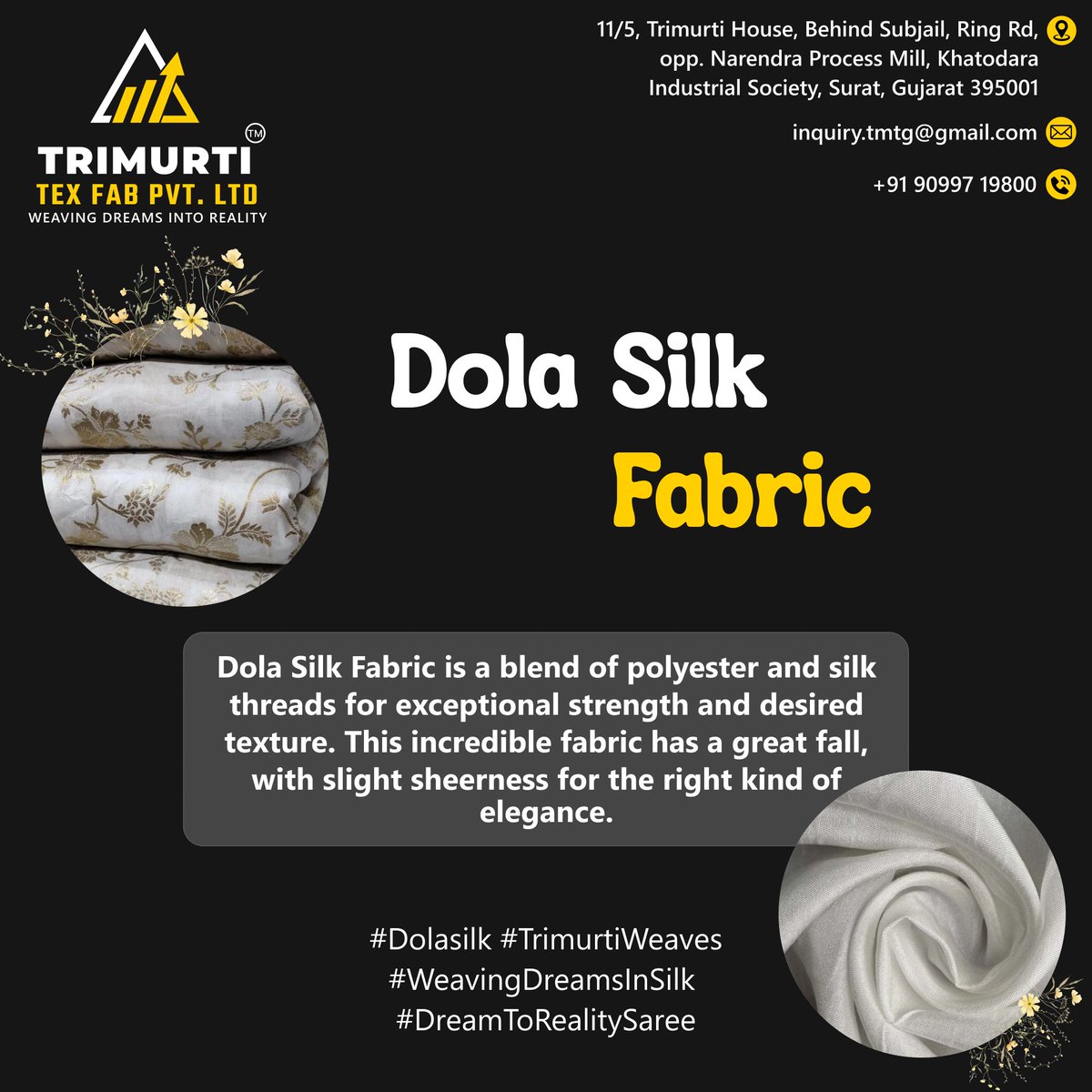 trimurti_group's tweet photo. 🌟 Wrap yourself in elegance, and let the magic of Dola Silk Fabric transform your

Contact Us
+91 90997 19800

Adress : 11/5, Trimurti House, Behind Subjail, Ring Rd, opp. Narendra Process Mill, Khatodara Industrial Society, Surat, Gujarat 395001
.
.
#SheerSophistication https://t.co/AaCHjkPb8i