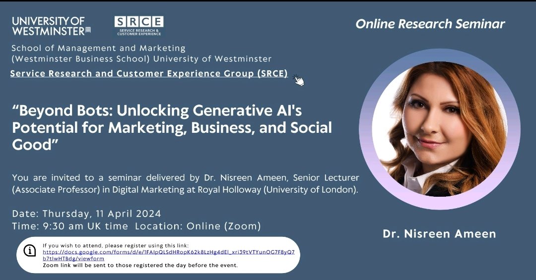 Looking forward to speaking at the University of Westminister @UniWestminster School of Management and Marketing online research seminar tomorrow morning. #GenerativeAI #publicspeaking #ai #digitalmarketing @_RHResearch