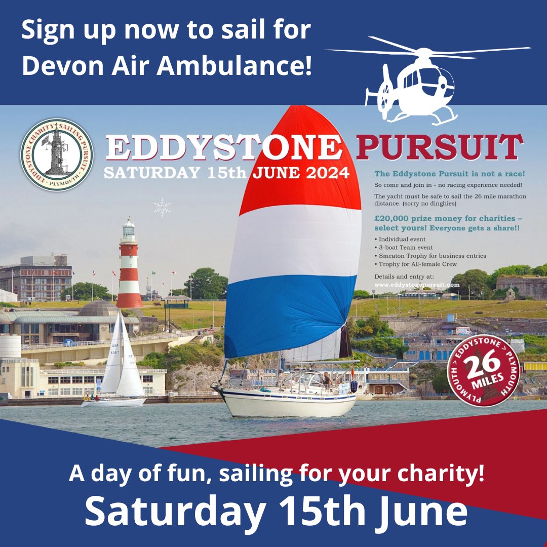 The Eddystone Charity Sailing Pursuit taking place on Saturday 15th June is a fun way to raise funds for Devon Air Ambulance! There is a prize pot of £20,000 to be won on top of donations raised by entrants! To find out more click the link below: daat.org/Event/eddyston…