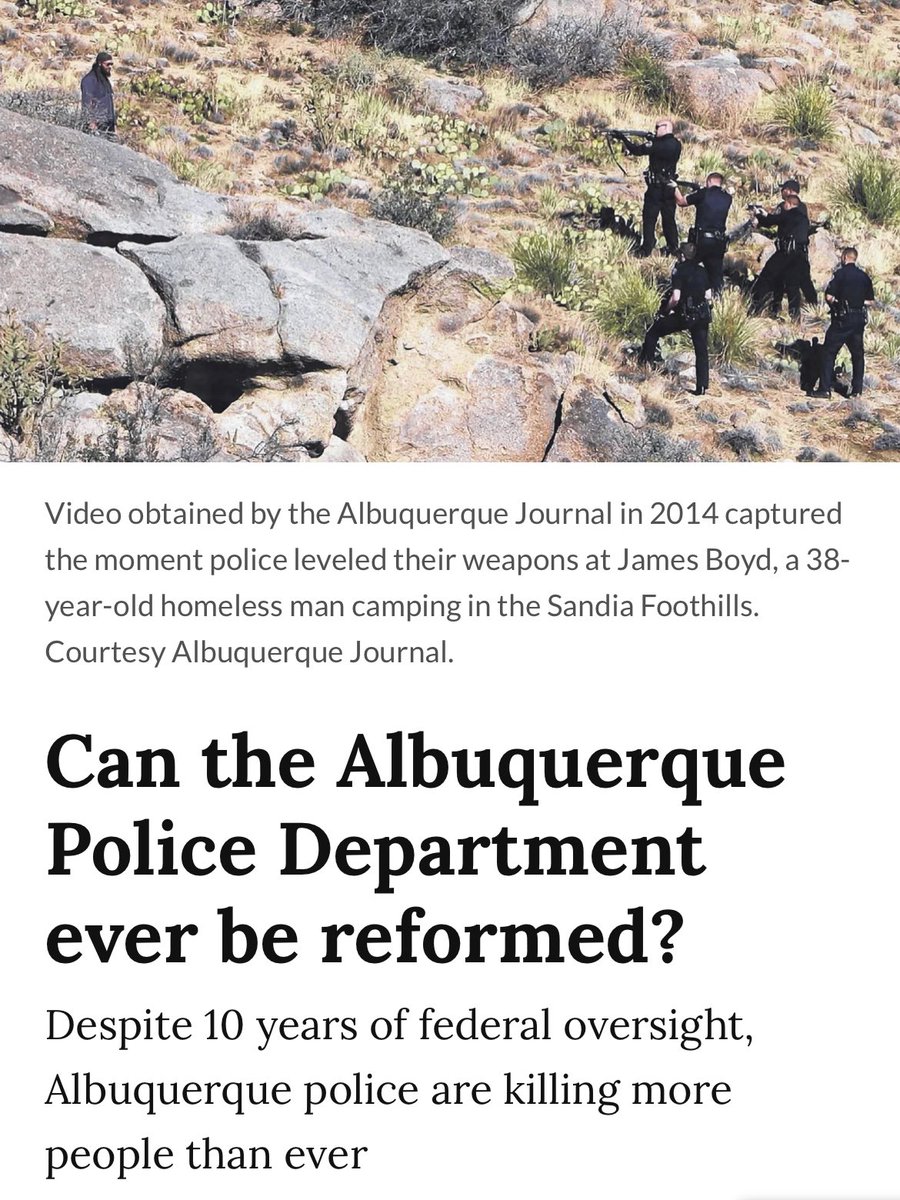 Ten years ago today, the US Dept of Justice found an “overwhelming pattern of unconstitutional use of deadly force” in Albuquerque PD Now, APD is “in compliance” w/ virtually every mandated reform, even while killing more people than ever. My latest: searchlightnm.org/can-the-albuqu…