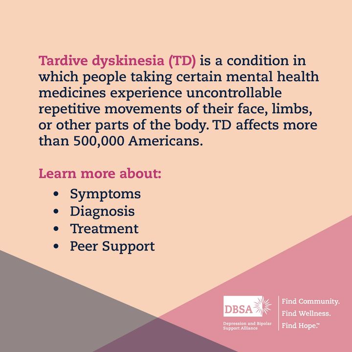 Symptoms of tardive dyskinesia (TD) include uncontrollable movements of the tongue, jaw, or lips; twisting, dancing movements of fingers or toes; and rocking, jerking, flexing, or thrusting of trunk or hips. Find information and support here bit.ly/3OtZpEa