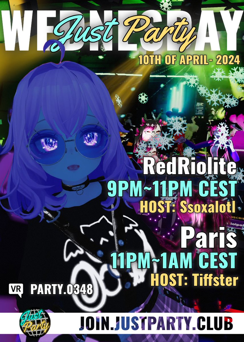 Just Party Wednesday! 21:00 - 01:00 CEST DJ's - @RedRiolite @PARIS46382062 Discord - discord.gg/fTKAstQmVRchat Group - vrc.group/PARTY.0348