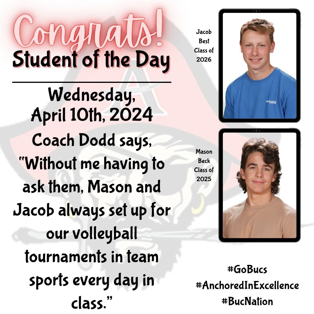 Congratulations to our Students of the Day Jacob Best and Mason Beck! #GoBucs #AnchoredInExcellence #BucNation @cobbschools