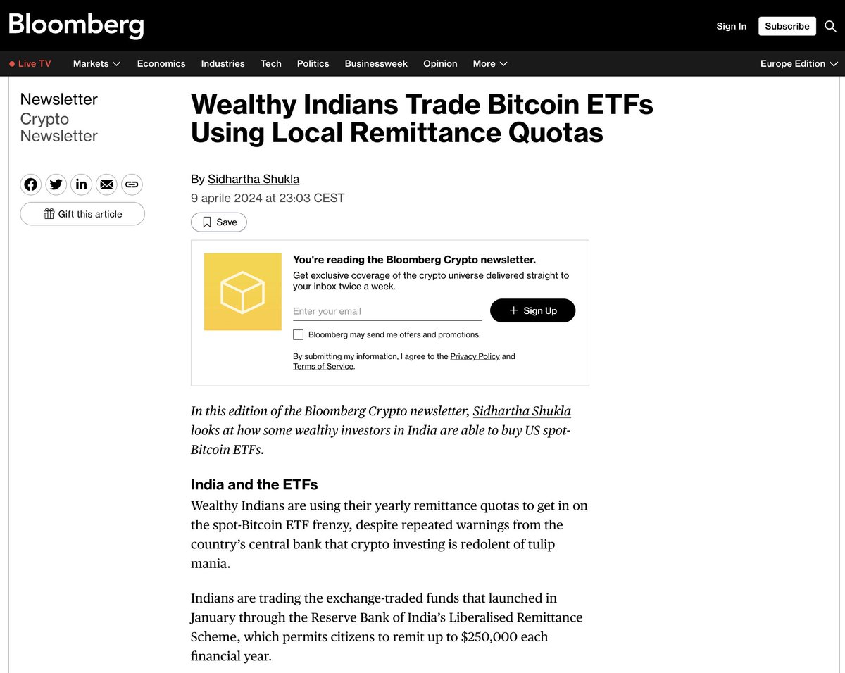 BLOOMBERG: 'Wealthy 🇮🇳 Indians are using their yearly remittance quotas to get in on the spot #Bitcoin ETF frenzy, despite repeated warnings from the country’s central bank that crypto investing is redolent of tulip mania.'