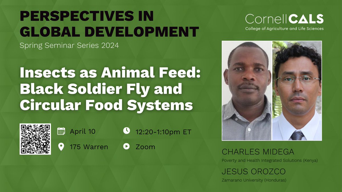 Happening today 4/10 at 12:20pm ET! ⏰ Join us via Zoom or on campus to hear how Jesus Orozco @EAPZamorano and @cmidega are using insects to manage wastes and augment protein sources for feed in Honduras and Kenya. ℹ️cals.cornell.edu/insects-animal…