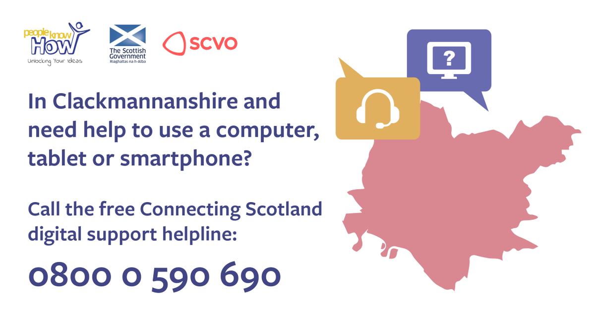 If you live in #Clackmannanshire and need help with connectivity and using devices like smartphones, tablets, laptops or desktop computers, you can call the Helpline for free. Call 0800 0590 690 Mon - Fri 10:00am – 4:00pm Or find out more: peopleknowhow.org/reconnect