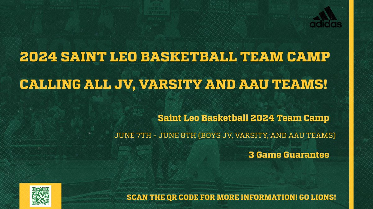 Calling all high school and AAU Coaches! Our team camp is a little less than 2 Months Away! 

A Great List of Teams Signed Up Already - Don't miss out on a great opportunity to play 3 Competitive Teams from Across the State 🦁

Register Today - saintleomensbasketball.totalcamps.com/shop/product/3…