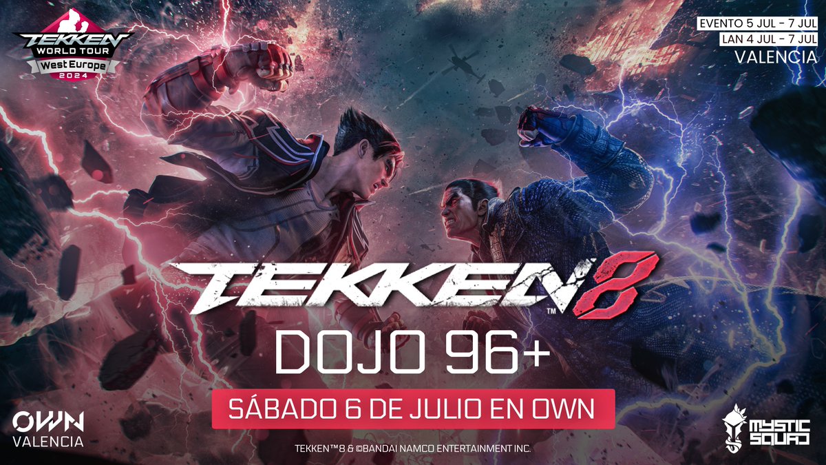 TEKKEN WORLD TOUR DOJO 96+ ⚔️ 128 participantes 🗓️ Sábado 6 de julio en OWN Valencia 🎟️ Entradas ya disponibles Entradas aquí ➡️ openworldnow.com/entradas/ Inscripciones ➡️ tinyurl.com/tekown