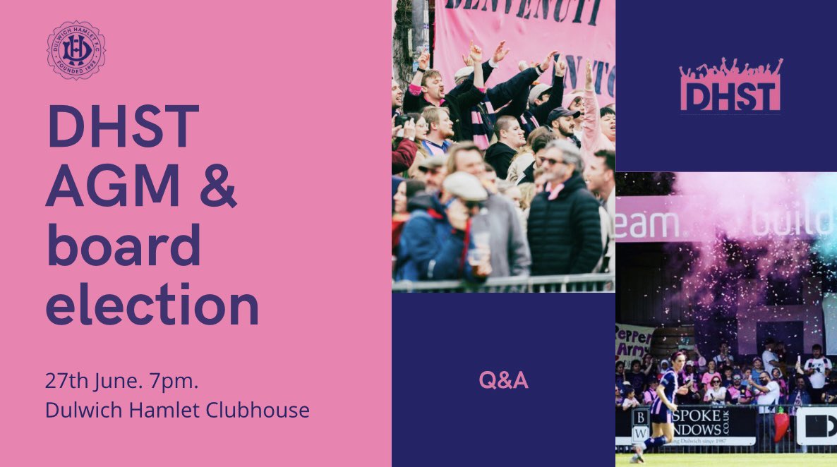 Our AGM will be held at Champion Hill on 27th June at 7pm. Leading up to this we’ll be running the Board elections, with results announced on the night. For full details, and to nominate yourself for election: dhst.org.uk/agm-and-electi… @DulwichHamletFC @DHFC_W @pepperarmy1893